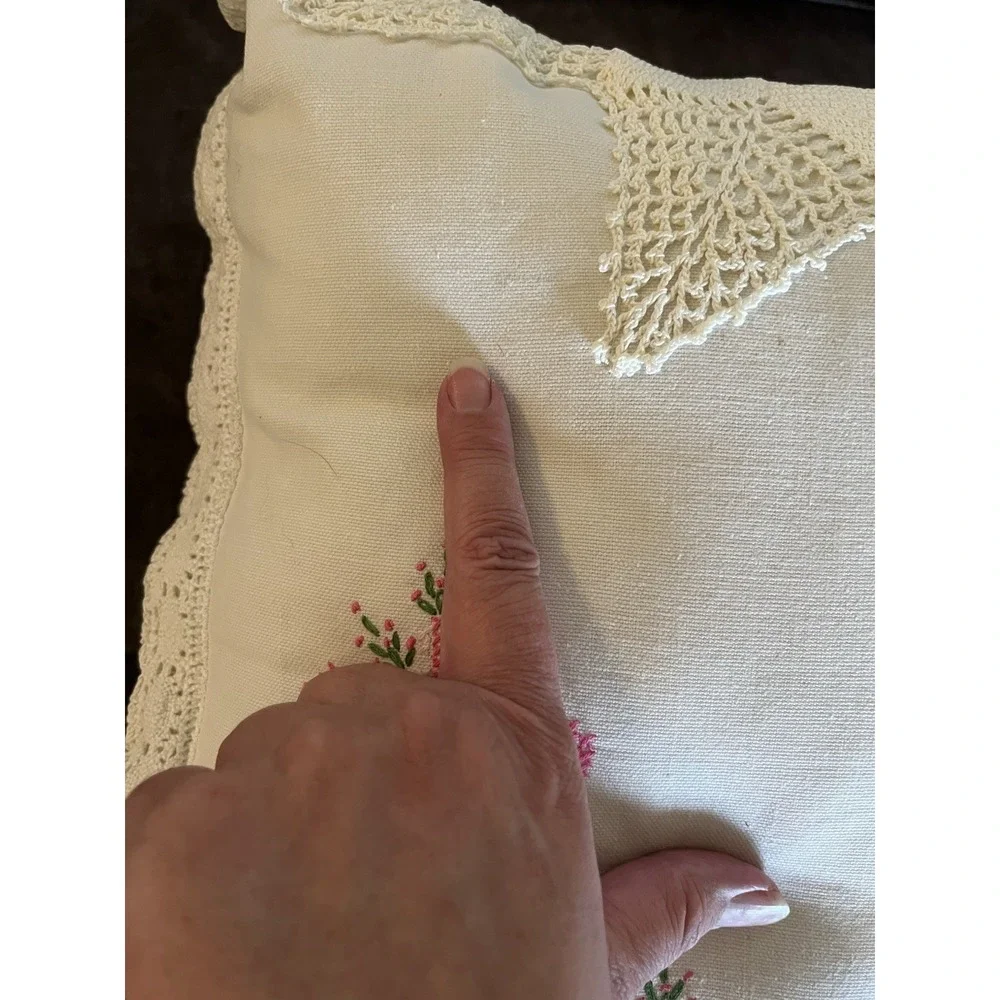 Vintage‎ Handmade Cross Stitch Floral Throw Pillow Cottagecore Shabby Chic Decor